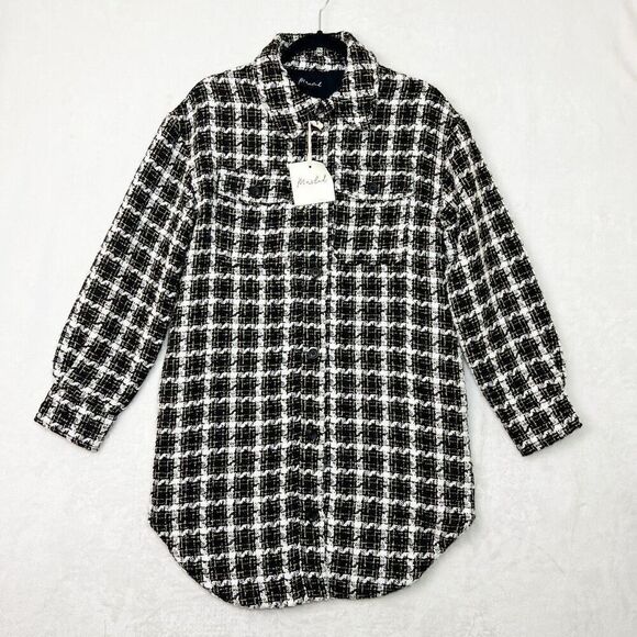 Marled Black White Plaid Longline Shirt Jacket Tweed Coat Size Small NWT - Picture 1 of 9
